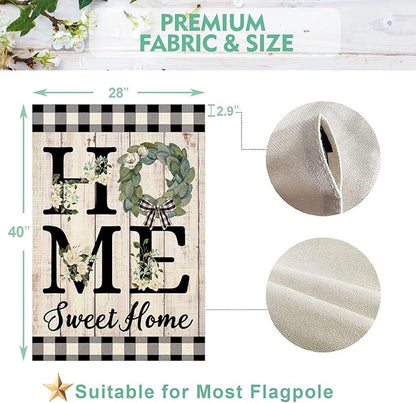 ORTIGIA Summer House Flag Burlap Vertical Double Sided 28 x 40 Inch Home Sweet Home Magnolia Large House Flag Spring Farmhouse Rustic Buffalo Check Plaid Home Front Yard Patio Outside Outdoor Decor