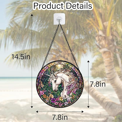 DASTOLL Stained Glass Window Hanging, Unicorn Flowers Suncatcher for Doors Home Sun Catchers Decoration and Christmas, Mother's Day Birthday Gifts for Women, Men, and Mom 7.8 in