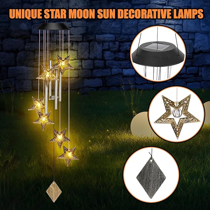 Colingmill Solar Wind Chimes for Outside Waterproof Hanging Wind Chimes Lights Outdoor Decor Yard Garden Gifts for Mother Mom Grandma Wife Neighbors(Star,Warm Colored Lights)