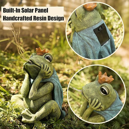 Solar Garden Decor Frog Prince Statue Outdoor, Birthday Gifts for Women Mom Grandma Senior Elder, Frog Ornament for Balcony, Garden, Patio, Yard, Lawn