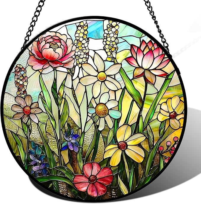 Stained Glass Window Hanging, Spring Colorful Wildflowers Plant Scenery Suncatcher for Window Doors Garden Home Decor, Botanical Floral Glass Panel Ornaments for Women,Men,Wife, Lovers, and Mom 7.8 in