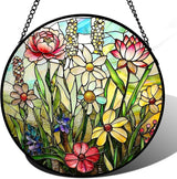 Stained Glass Window Hanging, Spring Colorful Wildflowers Plant Scenery Suncatcher for Window Doors Garden Home Decor, Botanical Floral Glass Panel Ornaments for Women,Men,Wife, Lovers, and Mom 7.8 in