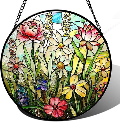 Stained Glass Window Hanging, Spring Colorful Wildflowers Plant Scenery Suncatcher for Window Doors Garden Home Decor, Botanical Floral Glass Panel Ornaments for Women,Men,Wife, Lovers, and Mom 7.8 in