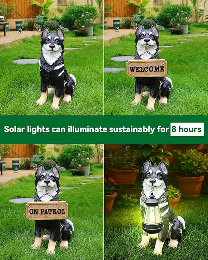 Northern Husky Porch Accent Featuring Solar Lantern & Double-Sided Sign, Sitting Black Husky Garden Statue for Entry Steps & Lawn Edge