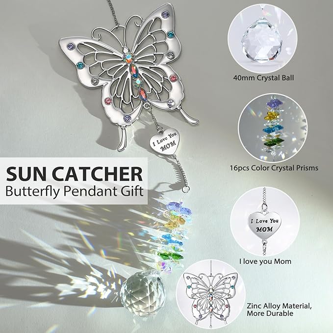 VIVIKEN Butterfly Suncatcher with The Tag of I Love You Mom Mother’s Day Butterfly Rainbow Maker Window Decor Wind Chime Crystal Ball Ornament Sun Catcher Gifts to Mom for Birthday Christmas