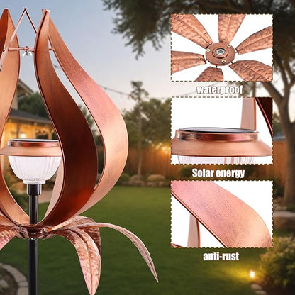 Multi-Functional Yard Wind Spinners with Solar Lights Outdoor Garden,YNGFIL Large Ornaments Outdoor with Double Shepherds Hooks and Coconut Fiber Liner Hanging Planters (83 in)