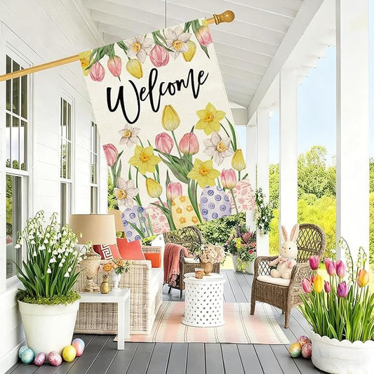 Baccessor Welcome Easter House Flag 28 x 40 Inch, Double Sided Burlap Tulip Daffodil Colorful Eggs Farmhouse Large Yard Flag Seasonal Holiday Spring Easter Outdoor Decor