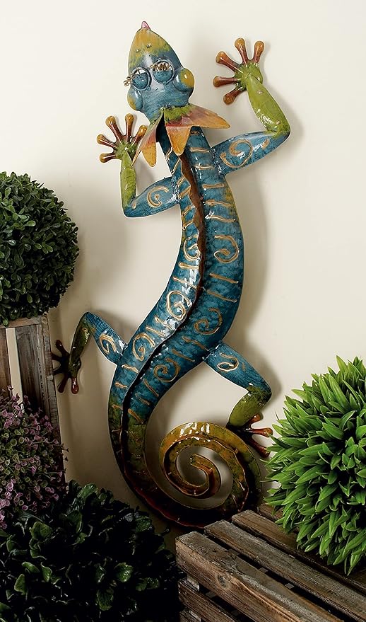 Deco 79 Metal Lizard Home Wall Decor Indoor Outdoor Wall Sculpture, Wall Art 15" x 5" x 29", Multi Colored