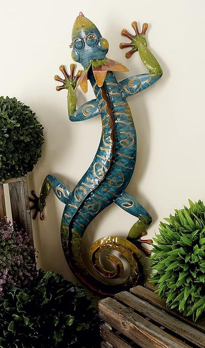Deco 79 Metal Lizard Home Wall Decor Indoor Outdoor Wall Sculpture, Wall Art 15" x 5" x 29", Multi Colored