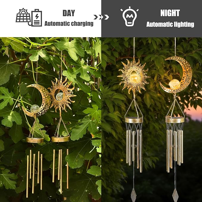 Moon Sun Wind Chimes for Outside Lights Gifts for Mom Wife Unique Crackle Glass LED Warm Light Outdoor Hanging Decor Windchimes for Garden Yard Patio Christmas Birthday Mothers Day