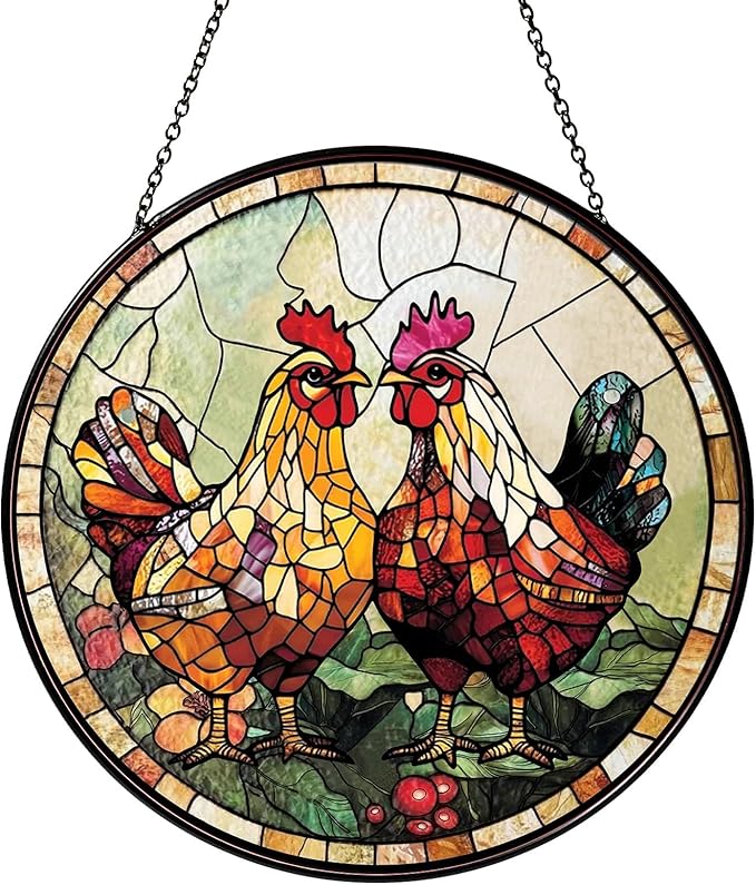Couple Chicken Stained Glass Window Hanging Chicken Sun Catcher Decor New House Decor Christmas Suncatchers for Home Windows Hanging Decoration, 7.87inch