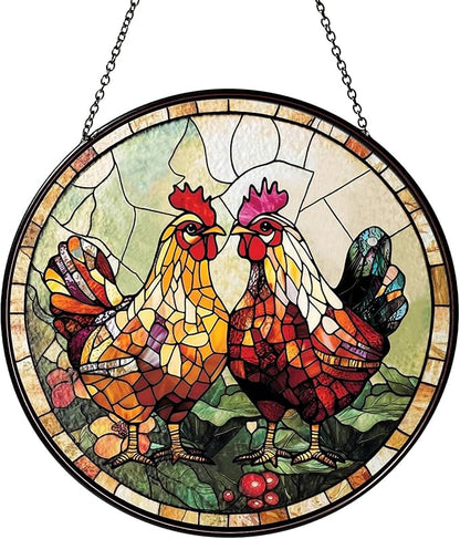 Couple Chicken Stained Glass Window Hanging Chicken Sun Catcher Decor New House Decor Christmas Suncatchers for Home Windows Hanging Decoration, 7.87inch