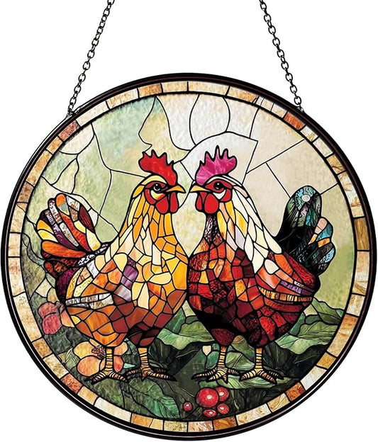 Couple Chicken Stained Glass Window Hanging Chicken Sun Catcher Decor New House Decor Christmas Suncatchers for Home Windows Hanging Decoration, 7.87inch