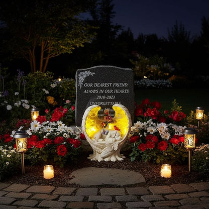 Solar Dog Memorial Stone with Angel Wings Cross Cardinal Passing Away Gifts, Sleeping Pet Grave Markers Dog Loss Sympathy Gift Resin Statue with Solar Lights for Garden Decor