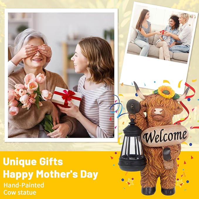 Garden Highland Cow Decor, Solar Outdoor Statue with Lantern Funny Highland Cow Figurine for Yard Garden Patio Lawn Ornaments - Unique Birthday Gifts for Mom, Women