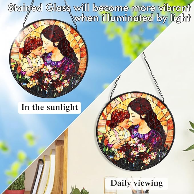 Mom Stained Glass Window Hanging Suncatcher 7.8 Inch Sun Catcher Colorful Glass Panel Gift for Mom Sun Catcher Wall Art Home Decoration for Birthday Garden Window Home
