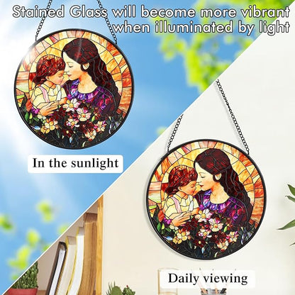 Mom Stained Glass Window Hanging Suncatcher 7.8 Inch Sun Catcher Colorful Glass Panel Gift for Mom Sun Catcher Wall Art Home Decoration for Birthday Garden Window Home