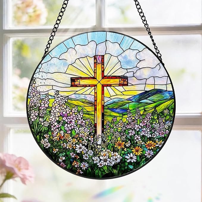Stained Glass Window Hanging, 8 Inch Stained Glass Cross Wildflowers Suncatcher, Christian Sun Catchers Indoor Window, Flower Cross Religious Home Decor Panel, Easter Faith Christian Gifts for Women