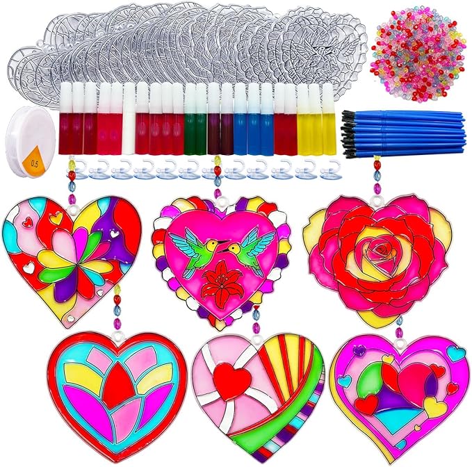 AUEKIV Valentines Suncatcher Crafts Kit 30 Sets Heart Suncatchers Window Art Paint Sun Catcher DIY Craft Kits Rose for Valentine's Day Classroom Activities Party Gift Exchange