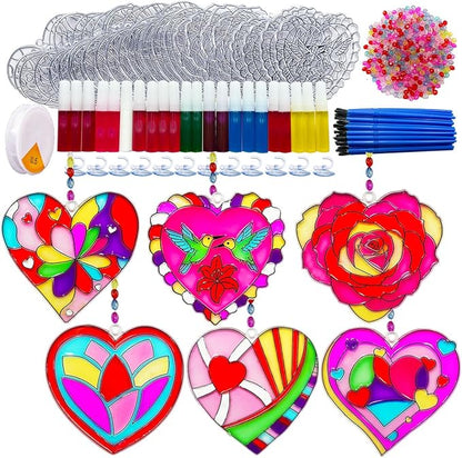 AUEKIV Valentines Suncatcher Crafts Kit 30 Sets Heart Suncatchers Window Art Paint Sun Catcher DIY Craft Kits Rose for Valentine's Day Classroom Activities Party Gift Exchange