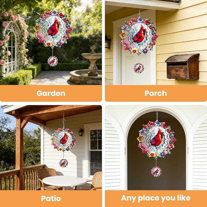 Wind Spinners Outdoor Cardinal bird, 12 inch Stainless Steel Hanging Kinetic for Yard, Garden, Outside, Patio, Outdoor - Wind Spinners Craft Decor Birthday Gifts for Women, Men, Mom and Lovers