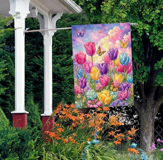 Spring Summer Tulip House Flag 28x40 Inch Double Sided Outside, Seasonal Flower Butterfly Large Yard Flag Outdoor Decoration