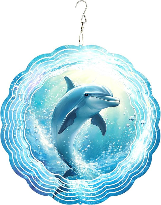 10x10 Inch Wind Spinner Outdoor Hanging Dolphin Water Swirl Metal Kinetic Spiral Ornament for Yard Garden Patio Porch Balcony Tree Window Decor Gift