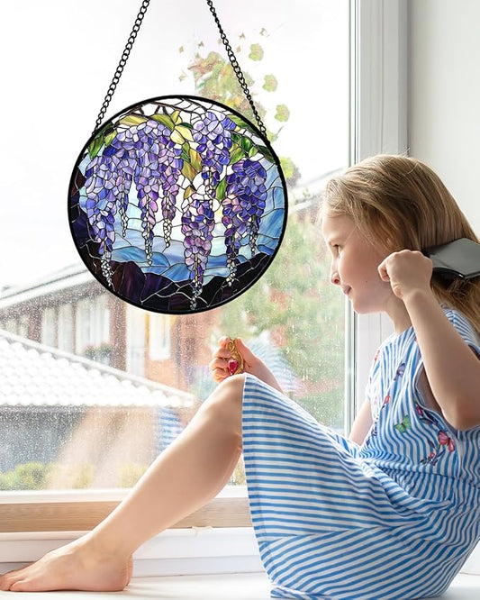 Stained Glass Window Hanging, Wisteria Flower Sun Catcher for Door Home Decor Purple and Blue Suncatcher Christmas Mother's Day Birthday Gifts for Women Men Mom and Nana 6.3 in