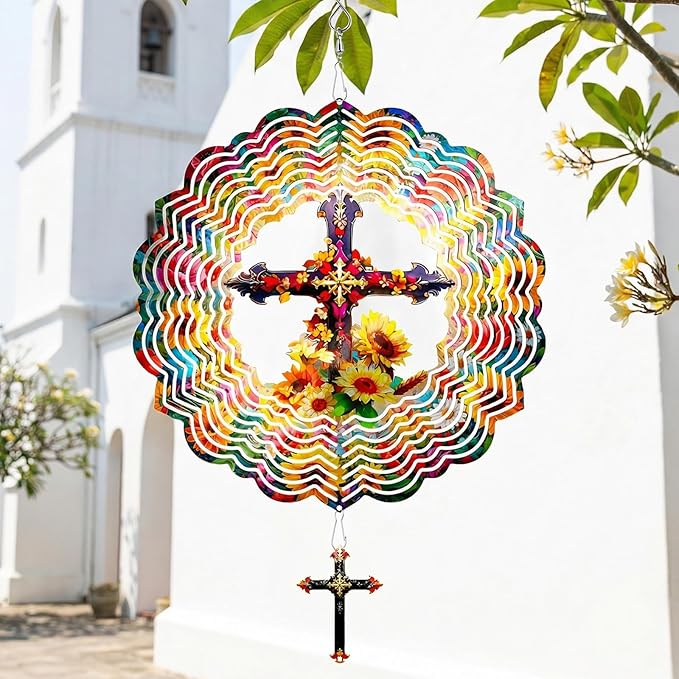 Cross Wind Spinners Outdoor Hanging - 12 Inch 3D Cross & Sunflower Kinetic Art for Yard Patio Ornament Garden Decorations, Christian Gifts for Women Mother's Day Birthday
