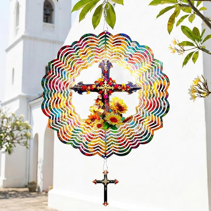 Cross Wind Spinners Outdoor Hanging - 12 Inch 3D Cross & Sunflower Kinetic Art for Yard Patio Ornament Garden Decorations, Christian Gifts for Women Mother's Day Birthday
