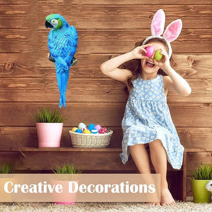 Large Parrot Decor Outdoor Tiki Bar Decoration, 12.5" Fake Birds Wall Art for Tropical Hawaiian Pool Decor, Resin Hanging Realistic Macaw Statue for Patio, Fence, Plam Tree, Yard, Garden, Deck(Blue)