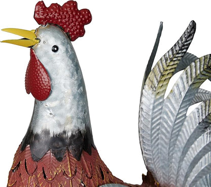 Alpine Corporation JUM388 Metal Outdoor Rooster Decor Statue, Animal Décor for Patio, Lawn & Garden, 20"H, Silver and Rust