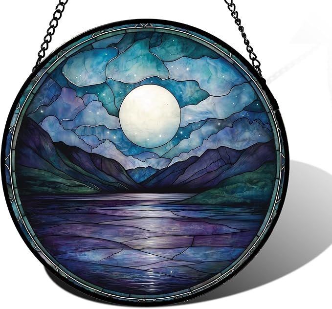 DASTOLL Stained Glass Window Hanging, Blue Night Moon Lake Sun Catchers Colorful Glass Panel Landscape Suncatcher Decor for Birthday for Women, Men, Wife, Aunt, and Mom 9.8 in
