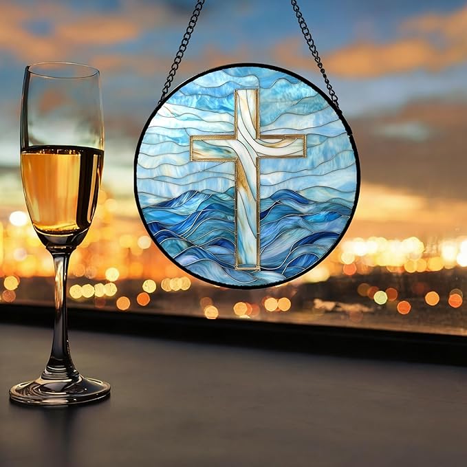 Christian Gifts for Women - Blue Cross Stained Glass Window Hanging Jesus Easter Ocean Waves Sun Catcher Garden Religion Decor Mother's Day Catholic Gift for Men Grandma Mom Her Nana 7.8"