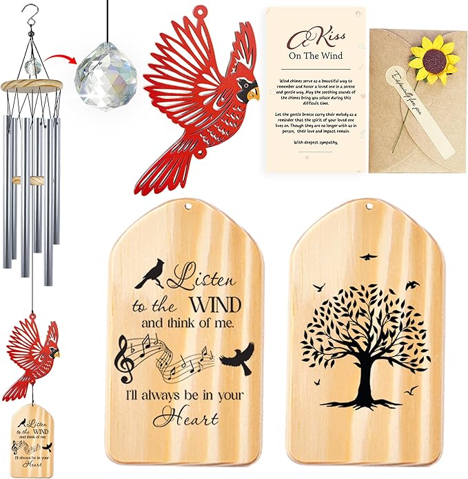 30'' Memorial Crystal Wind Chimes Loss of Mom Dad Grandparent Sympathy Cardinal Bird Keepsake Weatherproof Windchime Remembrance Gift in Memory Loved Ones for Window Outdoor Garden Decor HW2-RN