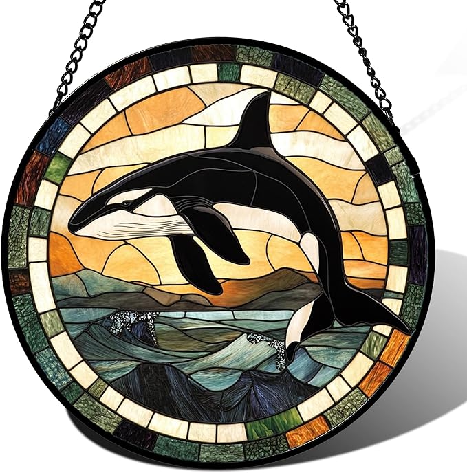 Stained Glass Window Hanging Ocean Wave Killer Whale 9.8" - Suncatcher Door Garden Sunroom Sun Catcher Home Decor Birthday Christmas for Mom Men Woman Nana