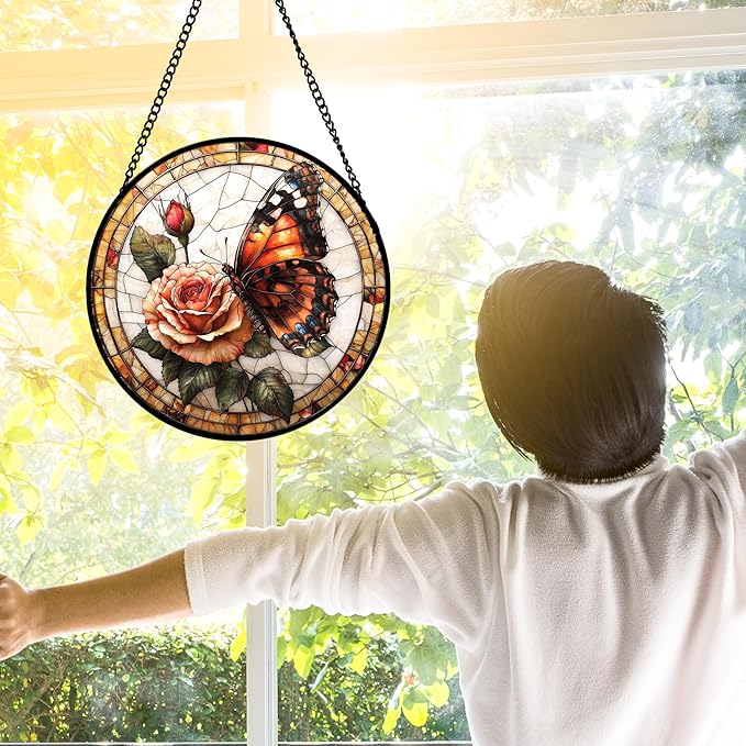 DASTOLL Stained Glass Window Hanging, Butterfly Picking Flowers Suncatcher for Doors Home Sun Catchers Decoration and Christmas, Mother's Day Birthday Gifts for Women, Men, and Mom 9.8 in