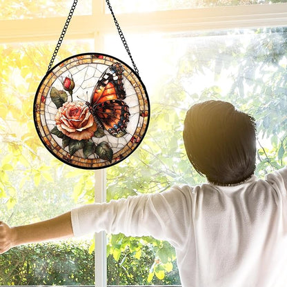 DASTOLL Stained Glass Window Hanging, Butterfly Picking Flowers Suncatcher for Doors Home Sun Catchers Decoration and Christmas, Mother's Day Birthday Gifts for Women, Men, and Mom 9.8 in