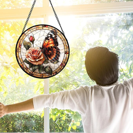 DASTOLL Stained Glass Window Hanging, Butterfly Picking Flowers Suncatcher for Doors Home Sun Catchers Decoration and Christmas, Mother's Day Birthday Gifts for Women, Men, and Mom 6.3 in