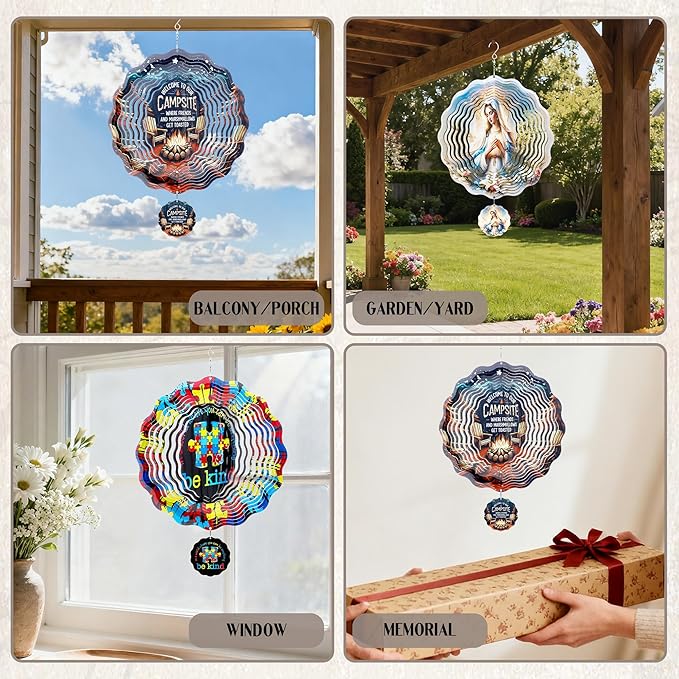 Metal Wind Spinners Outdoor - 3D Hanging Wind Spinner Camping Decor 12 Inch Kinetic Spinning Art Sculpture Welcome to Our Campsite Ornaments for Patio Lawn Garden Yard Gifts for Friends