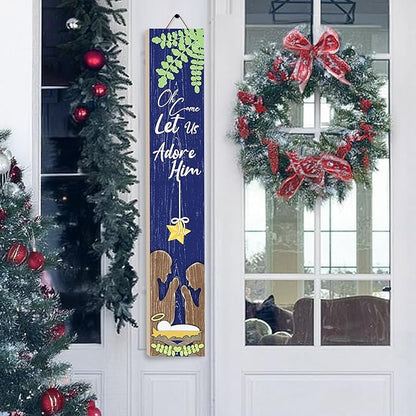 Merry Christmas Porch Sign Let Us Adore Him Wooden Welcome Sign Vertical Xmas Hanging Signs For Standing Front Porch Decor Rustic Wall Decor Home Farmhouse Yard Door Winter Decorations 47.2"H