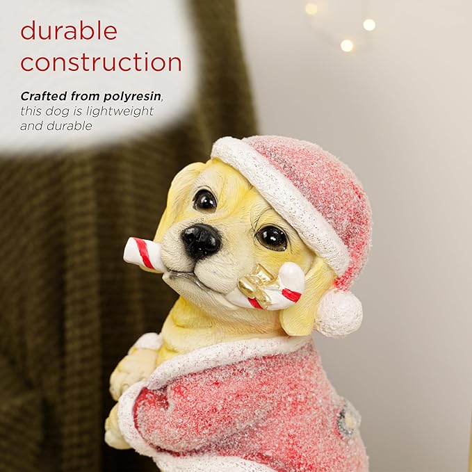 Alpine Corporation 11" Tall Indoor/Outdoor Christmas Golden Labrador Puppy Statue with Santa Hat and Candy Cane, Holiday Decoration for Porch, Tabletop, or Entryway
