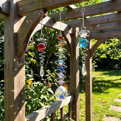 3pc Gazing Ball Spiral Tail Wind Spinner with Crystal Suncatcher Prism Rainbow Maker Hanging Ornament for Window Garden Yard Decorative Indoor Outdoor Home Decor Car Mirror Accessory
