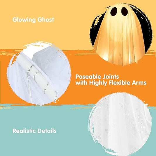 JOYIN 2 Pcs 47” Halloween Light up Hanging Ghost Decoration Outdoor, Halloween Flying Hanging Ghosts with Warm LED Light for Haunted House Prop, Front Yard Patio Party Decor Indoor Outdoor