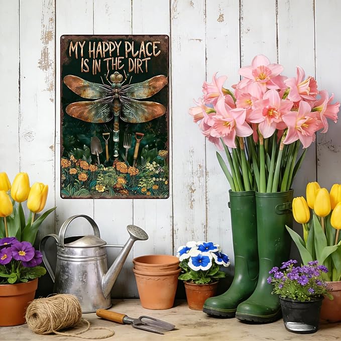 Garden Signs for Outside My Happy Place is in The Dirt, Funny Metal Signs for Home Garden Patio Yard, Retro Gardening Gifts for Women, Wall Decor 12" x 8"