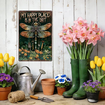 Garden Signs for Outside My Happy Place is in The Dirt, Funny Metal Signs for Home Garden Patio Yard, Retro Gardening Gifts for Women, Wall Decor 12" x 8"