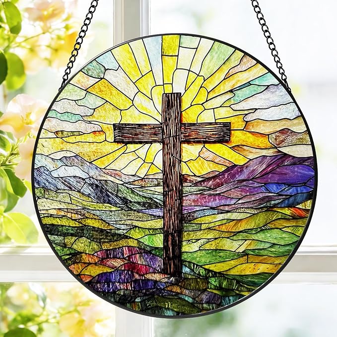 Stained Glass Cross Mountains Suncatcher, 8 Inch Christian Stained Glass Window Hanging, Religious Sun Catchers Indoor Window, Nature Landscape Ornaments Home Garden Decor Easter Faith Christian Gift