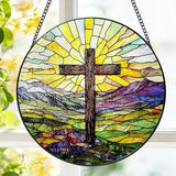 Stained Glass Cross Mountains Suncatcher, 8 Inch Christian Stained Glass Window Hanging, Religious Sun Catchers Indoor Window, Nature Landscape Ornaments Home Garden Decor Easter Faith Christian Gift