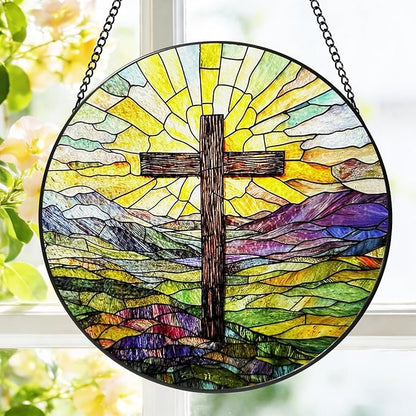 Stained Glass Cross Mountains Suncatcher, 8 Inch Christian Stained Glass Window Hanging, Religious Sun Catchers Indoor Window, Nature Landscape Ornaments Home Garden Decor Easter Faith Christian Gift