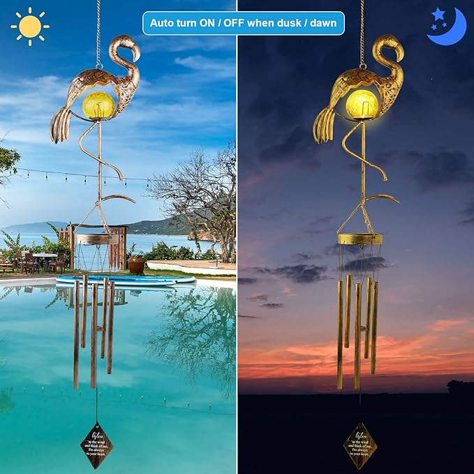 JOBOSI Flamingo Wind Chimes, Solar Gifts, Flamingo Room Garden Patio Decor with S Hook Flamingo Decor Gift Gifts for mom Women Grandma Friends Mother